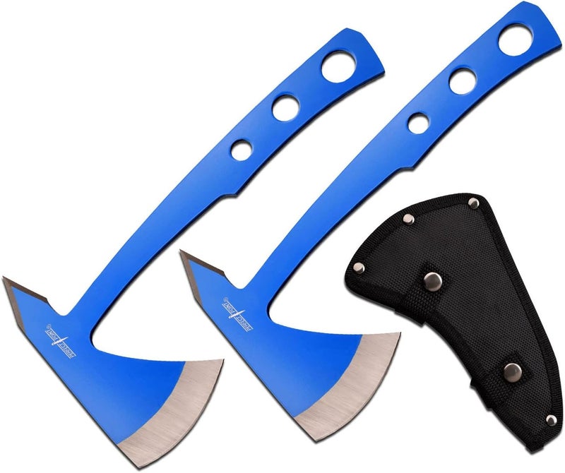 Perfect Point Throwing Axes – Set of 2 - Blue and Satin Finish Stainless Steel Blades w/Blue Stainless Steel Handles, Nylon Sheath, Full Tang, Well Balanced, Throwing Sport Axes – PP-107BL-2 - Image 1